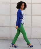 Marjon Works a Bright Blue Sweater