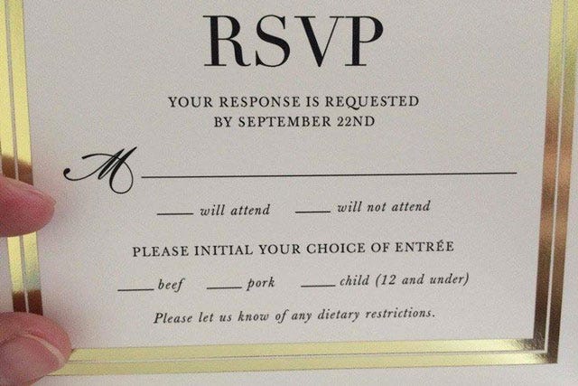 Wedding Rsvp Card Children Menu Fail Reddit Child Free Weddings And We Re Completely Behind Having One If That S What You Your Partner Want To Do However This Hilarious Wedding Rsvp Card