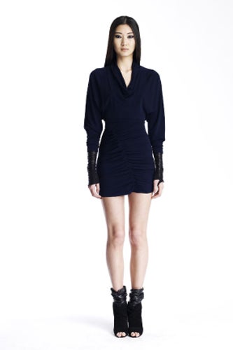 leather trim cut out back dress by yigal azrouel Yigal Azrouel Couture Dress Draped Leather Trim Cold Shoulder Black Blue 2