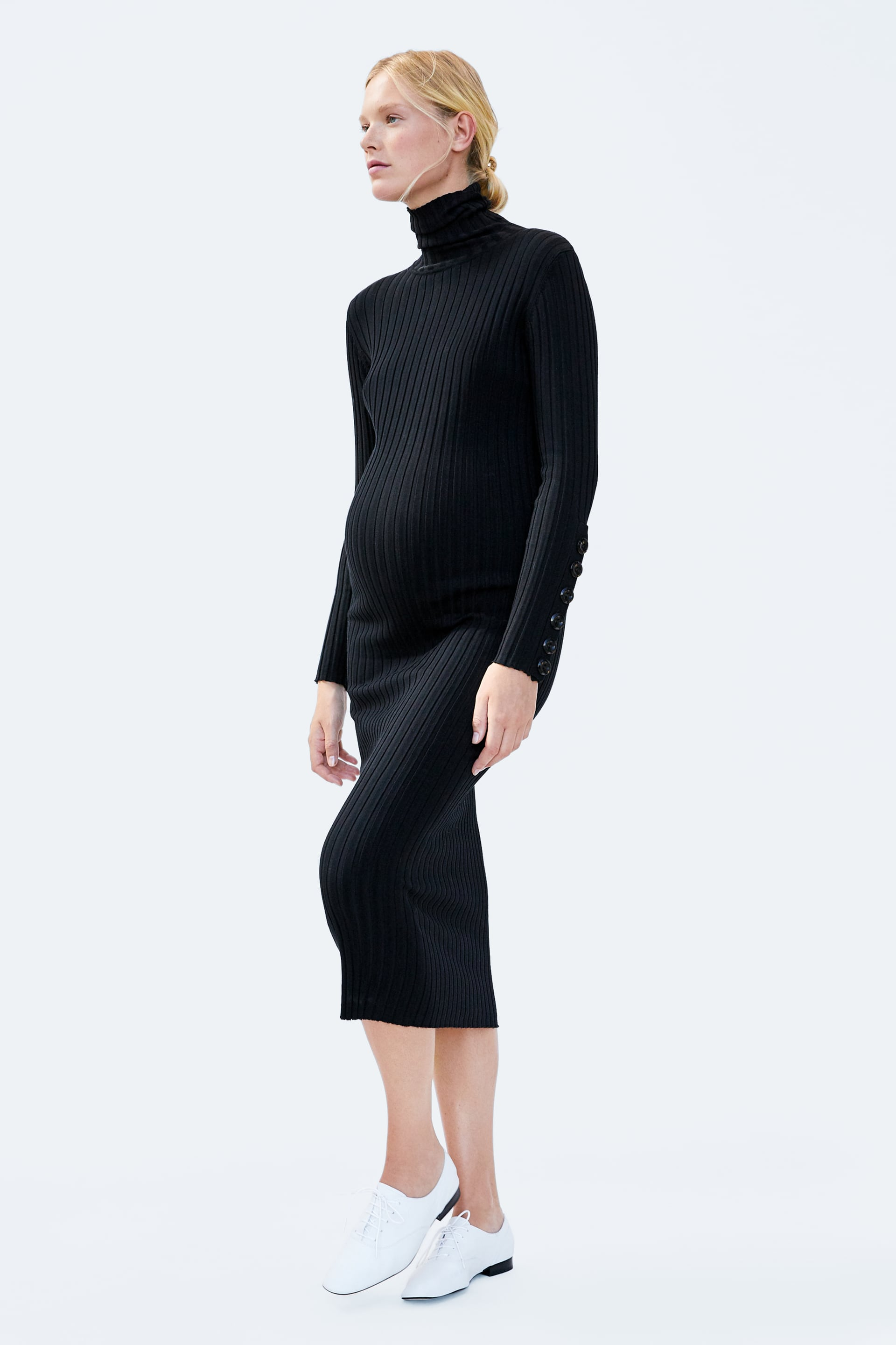 zara high collar knit dress + With Buttons classic derby dress shoes