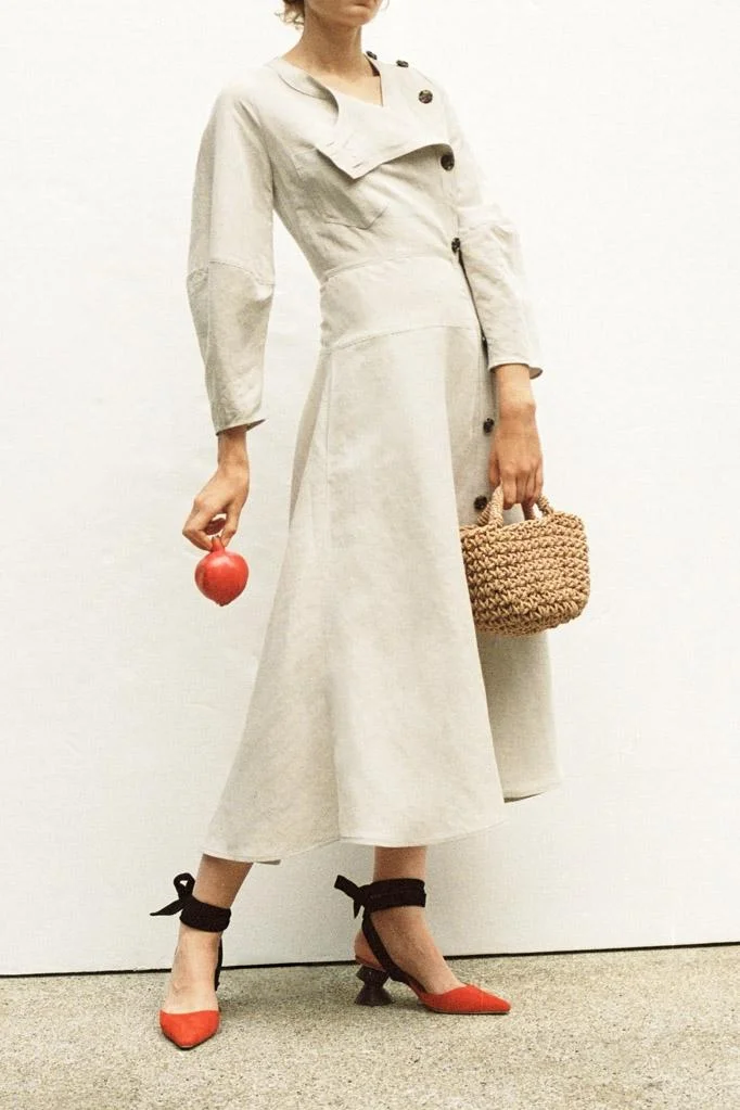 Rejina Pyo + Michaela Linen Light Grey Button Detail Midi Dress