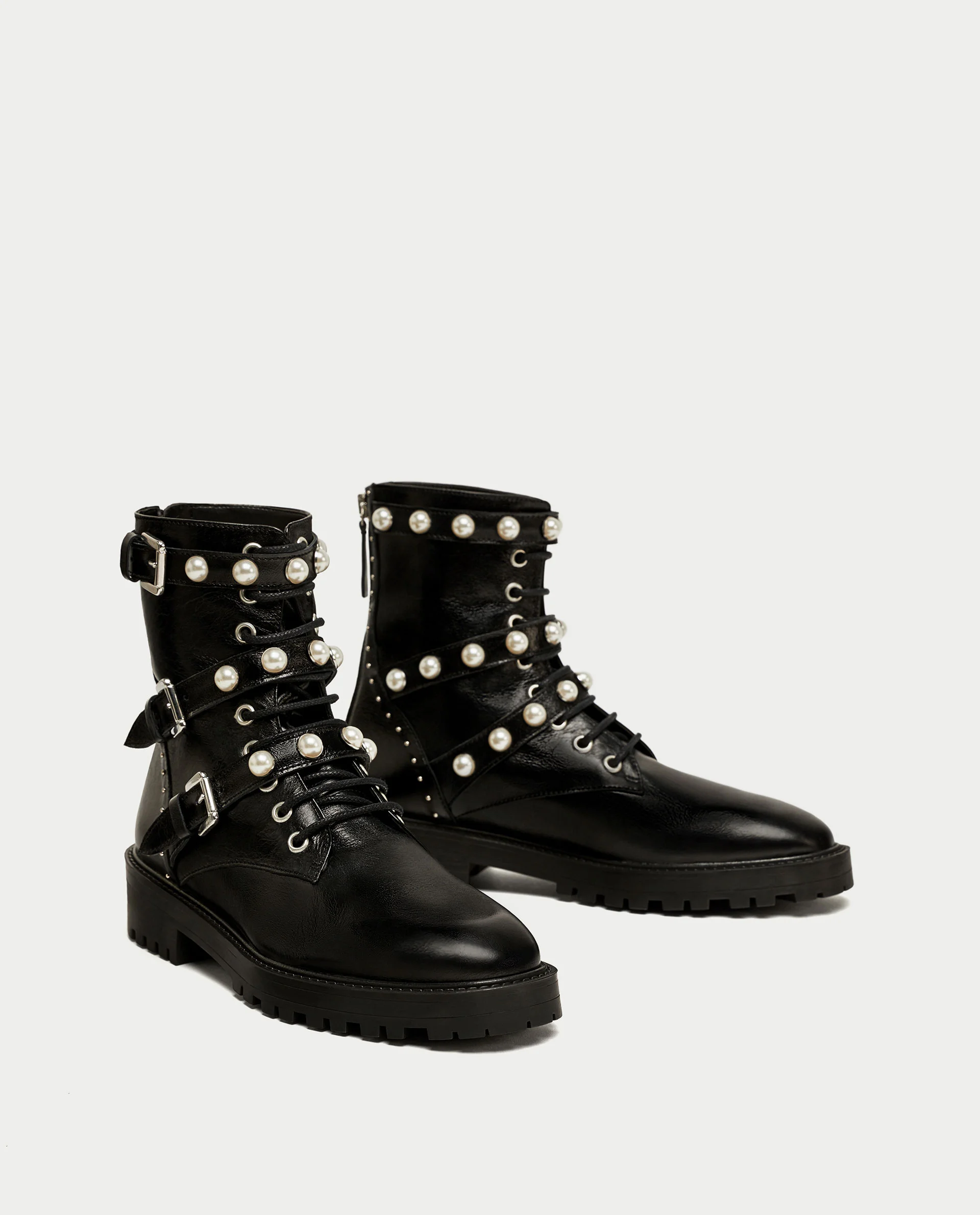 Zara Leather Ankle Boots With Faux Pearls