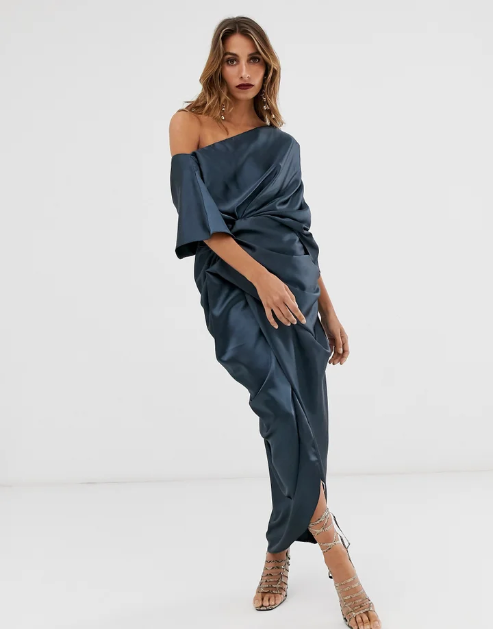 knee length dresses for ladies Rent ASOS DESIGN Satin One Shoulder Wrap Maxi Dress With Open Back In Black