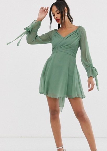 ASOS DESIGN + Asos Design Mini Dress With Layered Skirt And Wrap Waist With Lace  Trim Detail