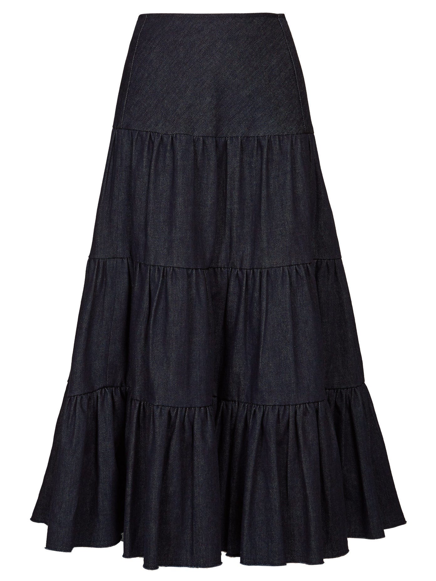 Latte Front Slit Raw Hem Denim Midi Skirt