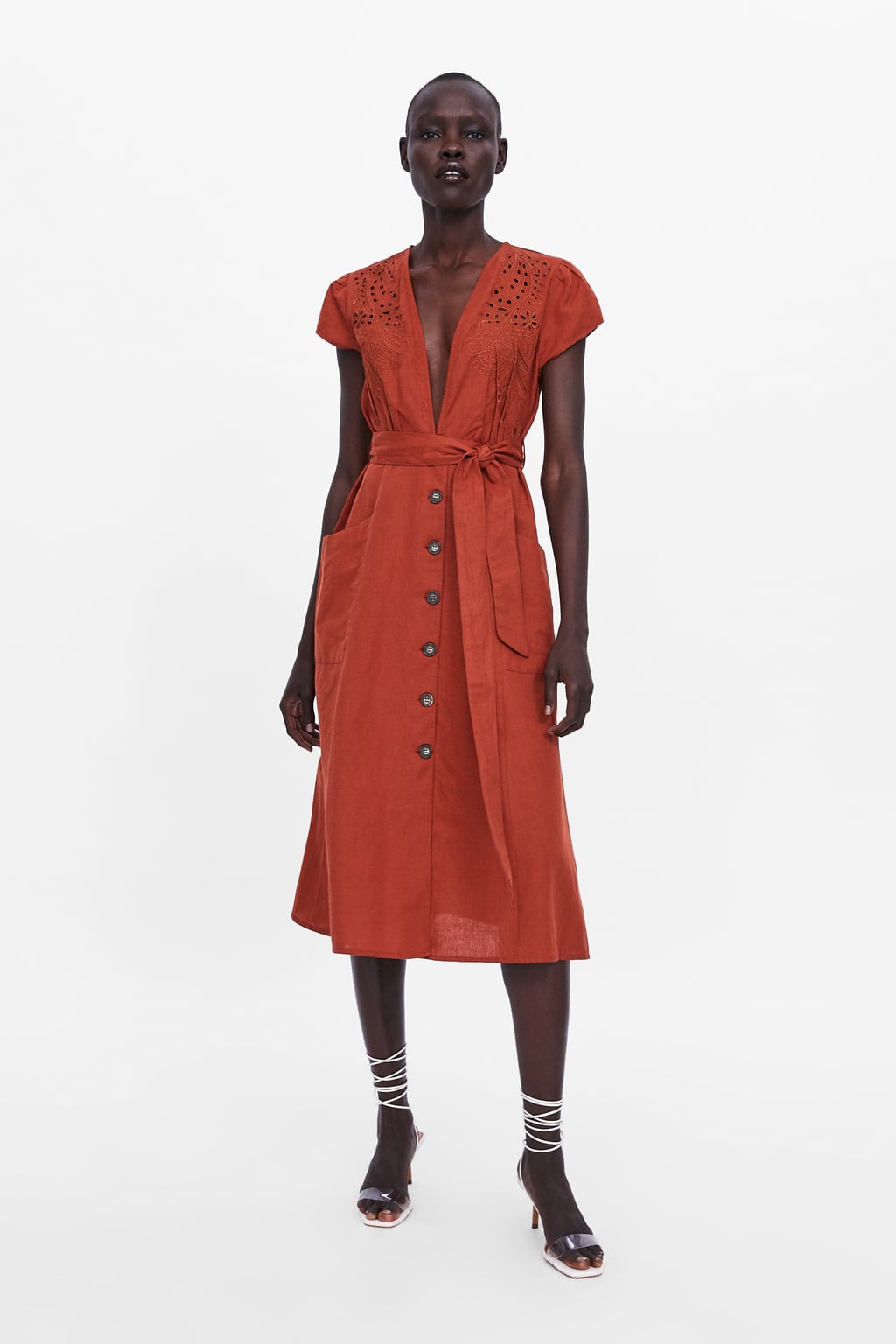 Zara + Embroidered Dress With String Belt