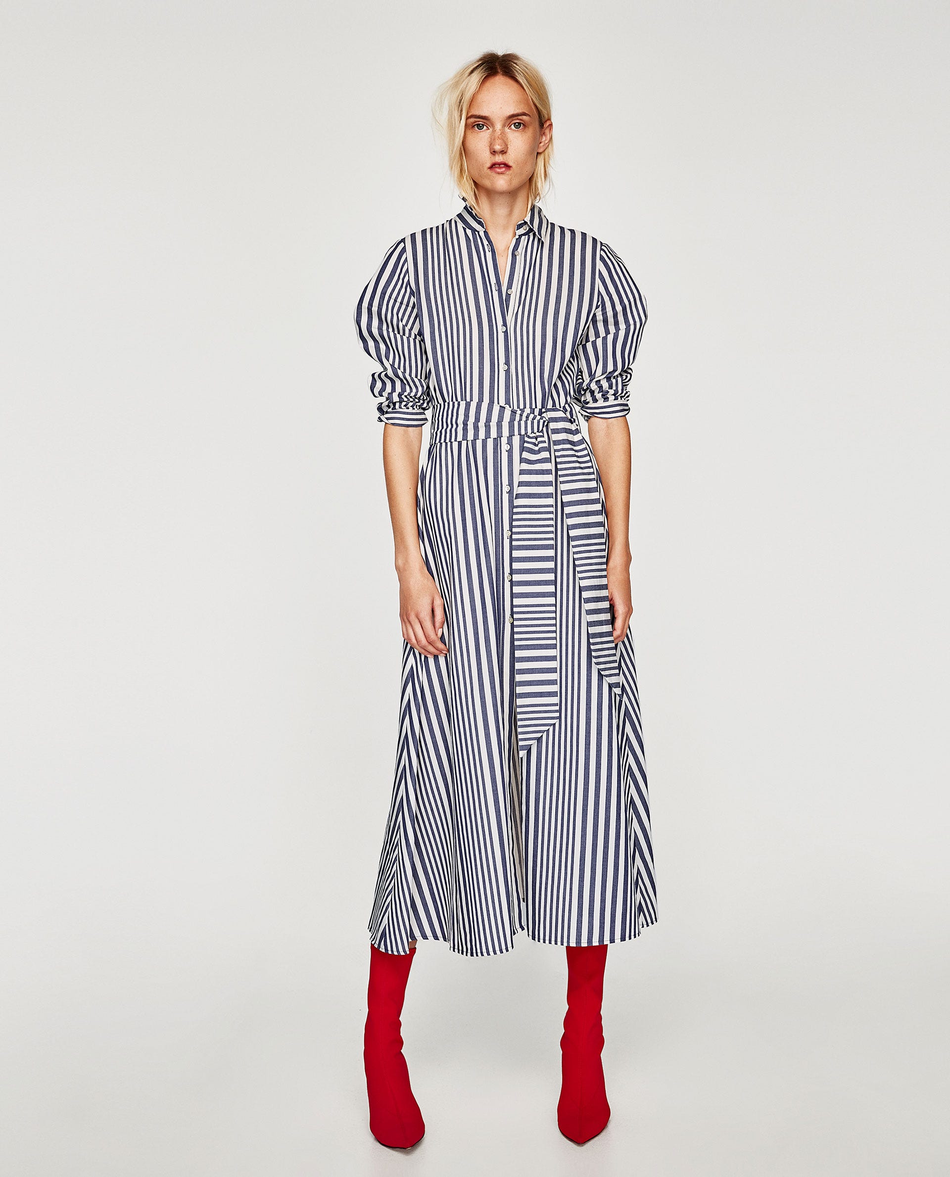 zara blue and white striped shirt dress Women's blue-and-white midi-lenght shirt dress