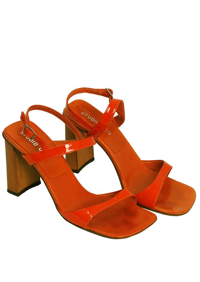 Studio Uno + Patent Leather Orange Strappy High Heel Sandals