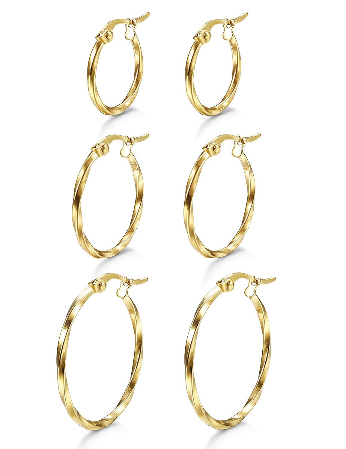 Loyal Look + 3 Pairs Stainless Steel Twisted Hoop Earrings