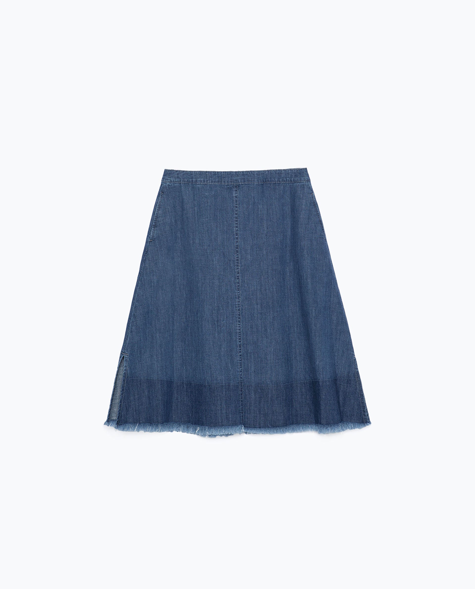 Zara + Mid-Length Frayed Denim Skirt