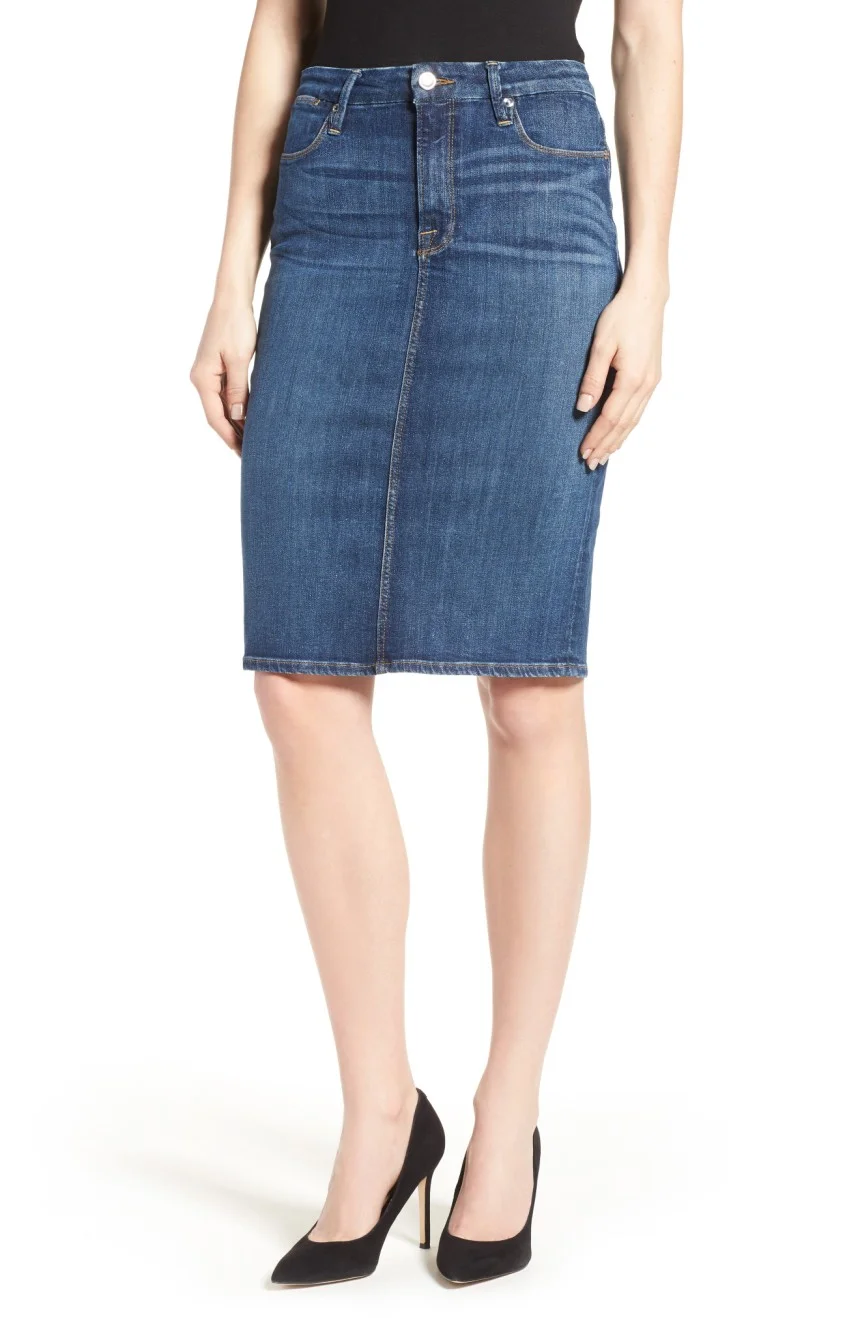 high rise denim pencil skirt