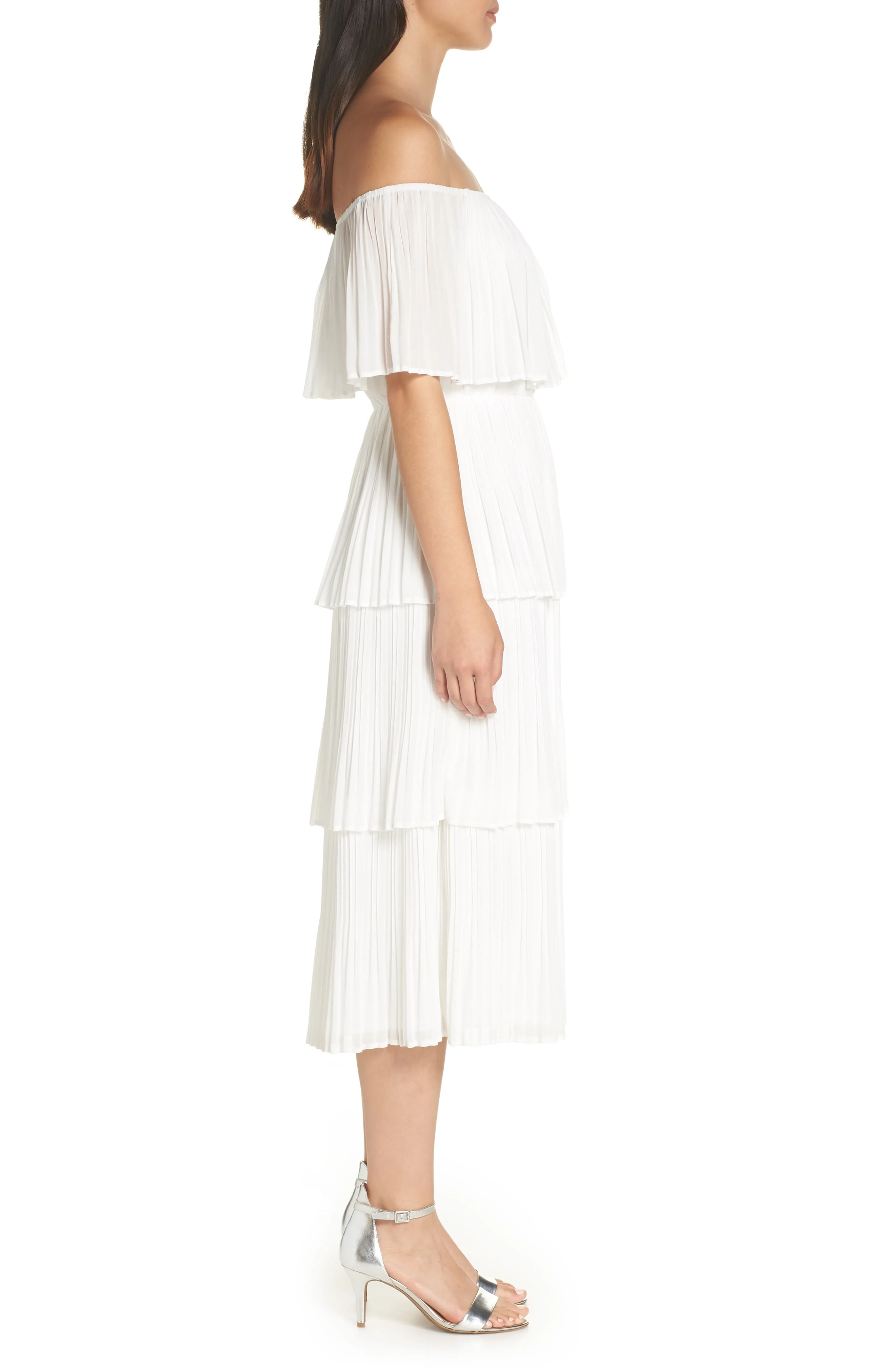 gala ready off the shoulder dress Chic Multi Stripe Print Dress - Tiered Midi Dress - OTS Dress