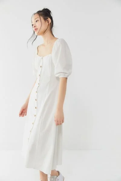 uo maria puff sleeve button front midi dress Urban Outfitters Maria Puff Sleeve Button