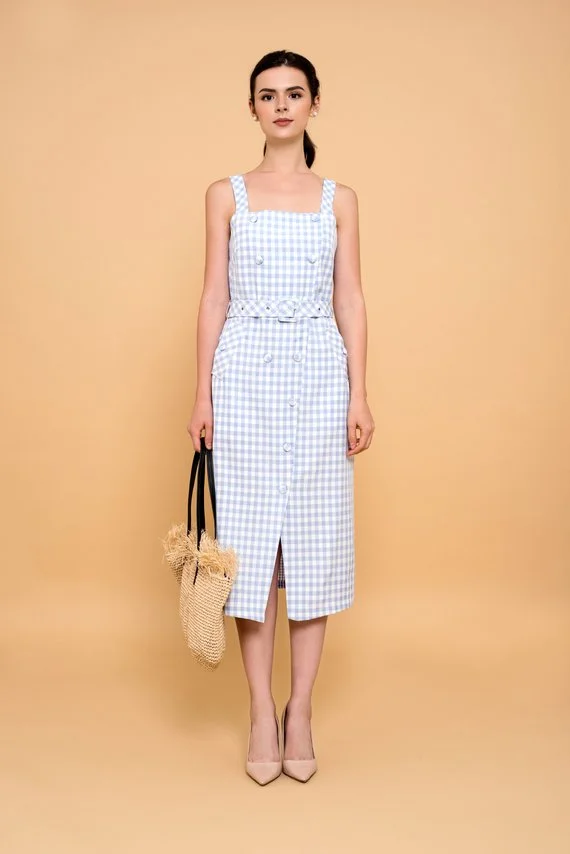 By The River + Mixed Blue Gingham Midi Dress
