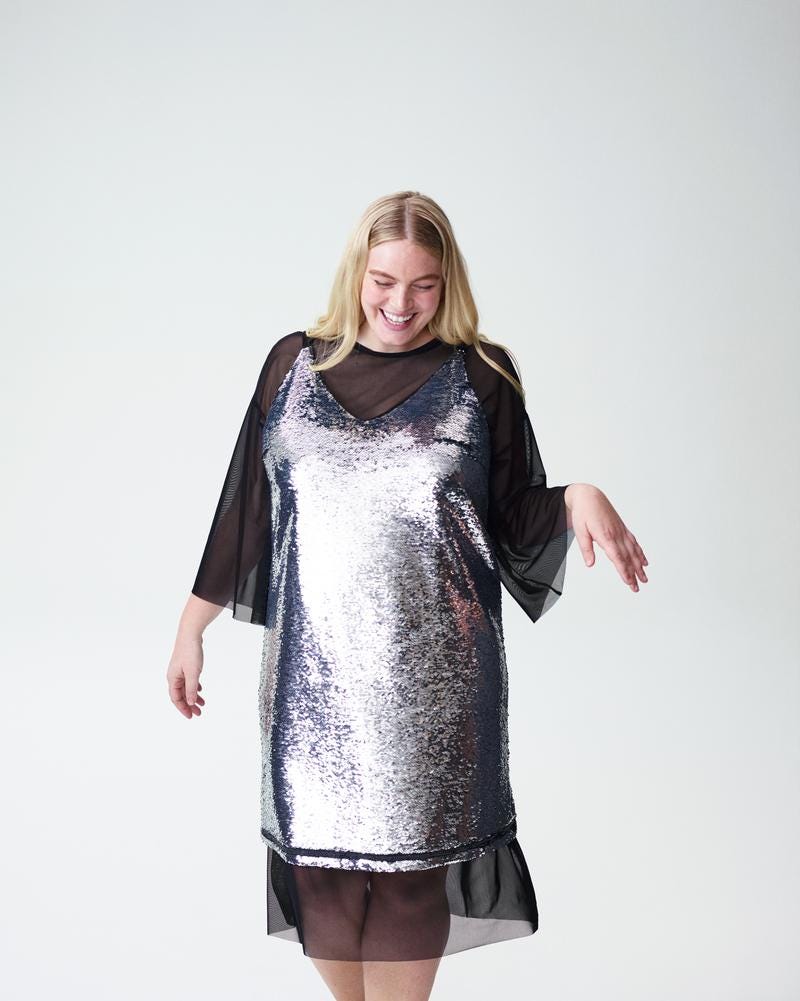 universal standard sequin dress Universal Standard + Wonder Sequin Slip Dress and Thames Belle Sleeve Mesh Dress Set