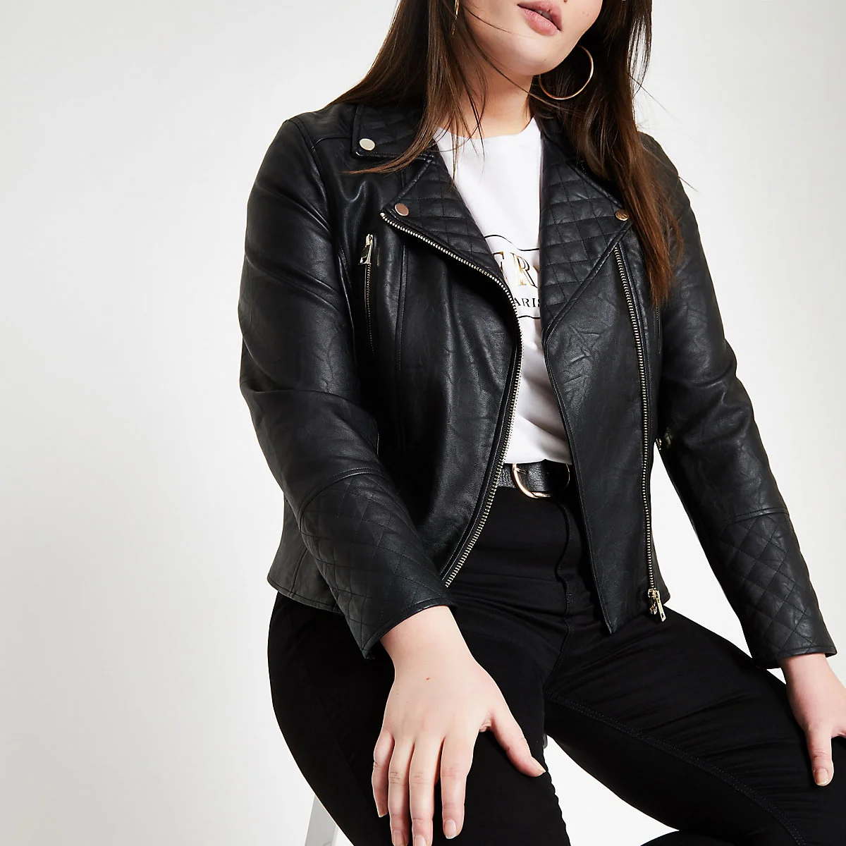 River Island Plus Black Faux Leather Quilted Biker Jacket