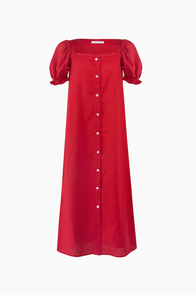 Sleeper + Brigitte Red Linen Maxi Dress
