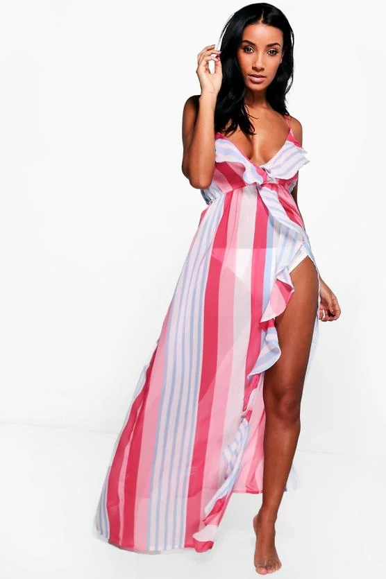 boohoo beach dress + Grace Candystripe Frill Maxi upload-20230807 Mix Media Dress - Size:Belt-48 the sheer overlay means