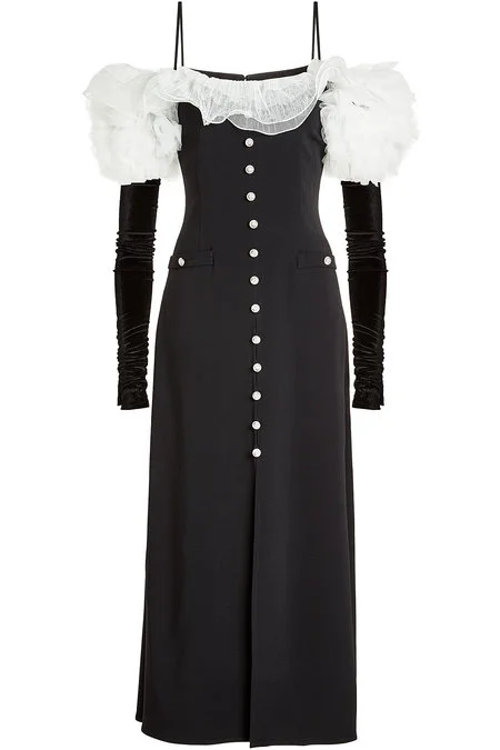 Alessandra Rich + Off-Shoulder Dress with Velvet Gloves Alessandra Rich + Off-Shoulder Dress with Velvet Gloves